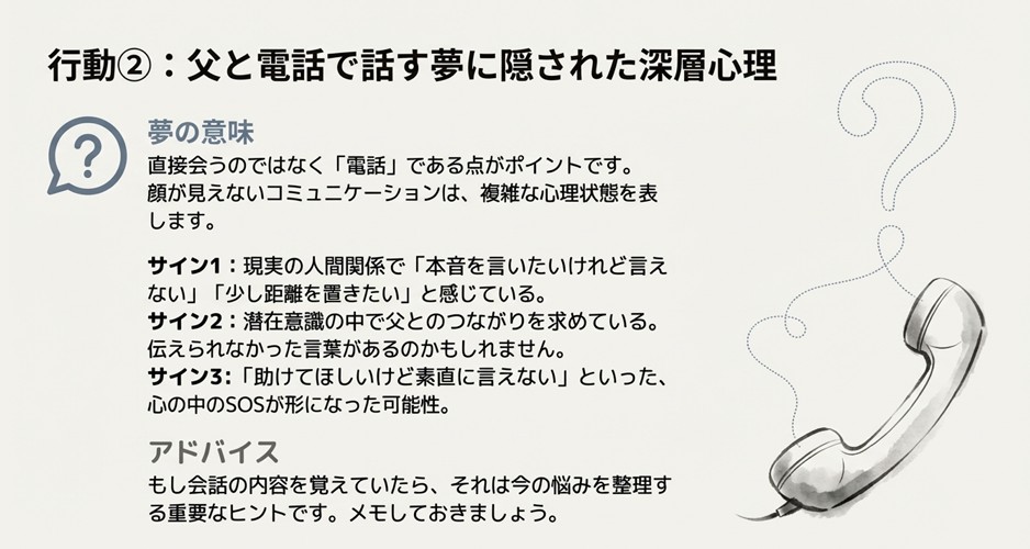 父と電話で話す夢は、直接言えない本音や距離を置きたい心理、あるいは助けを求めるSOSのサインである可能性を解説したスライド。