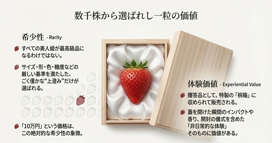 数千株から選ばれた一粒の希少性と、特製の桐箱を開ける瞬間の「非日常的な体験」に価値があることを解説した図解