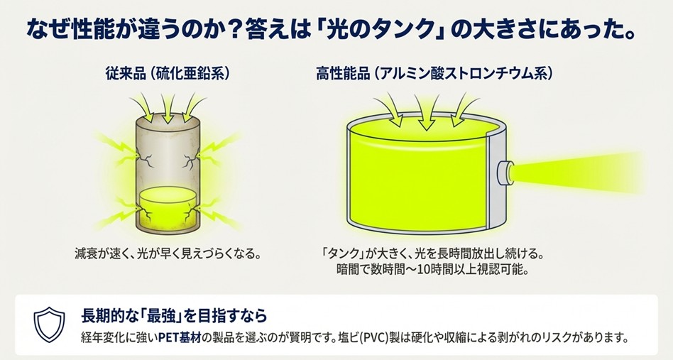 従来品と高性能品（アルミン酸ストロンチウム系）の光のタンク容量の違いと、PET基材と塩ビ基材の耐久性の違いを示す図