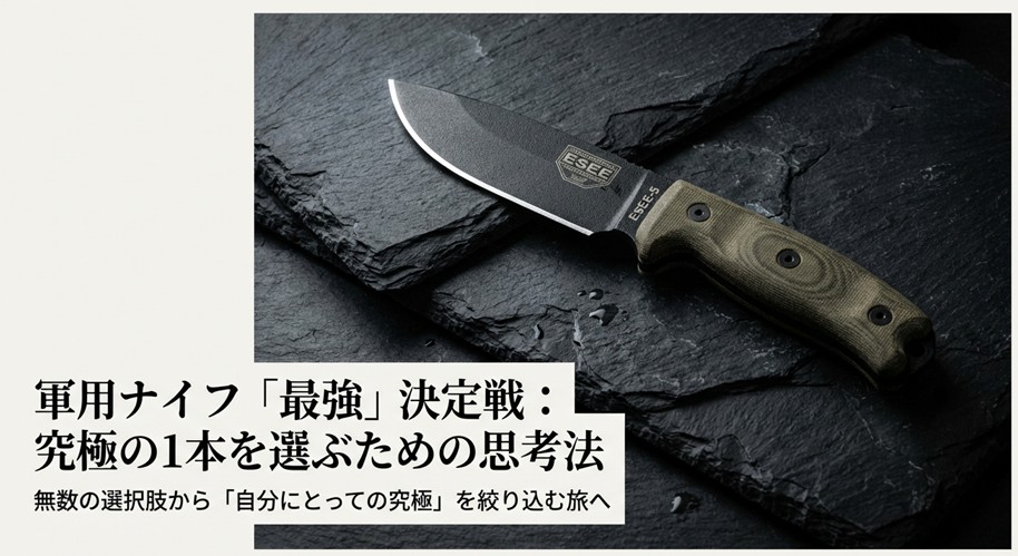 ESEEナイフの写真と「軍用ナイフ最強決定戦：究極の1本を選ぶための思考法」というタイトル文字。