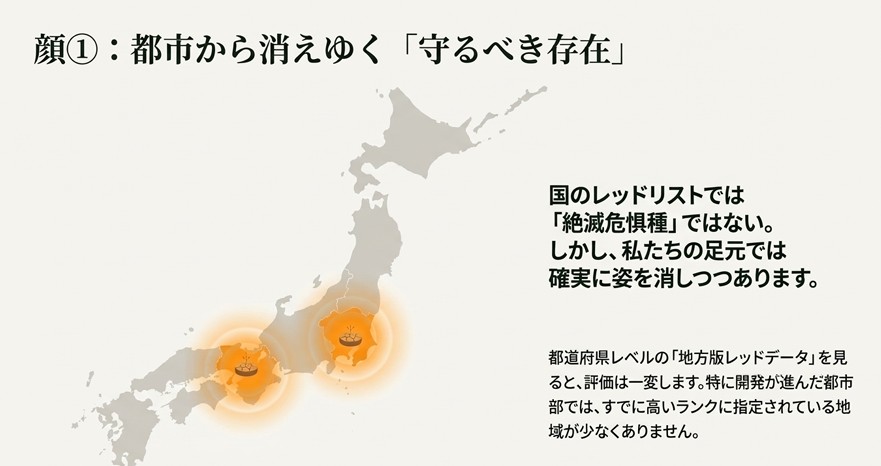 国のレッドリストでは対象外だが、地方版レッドデータでは都市部で高いランクに指定されている現状を解説したスライド。