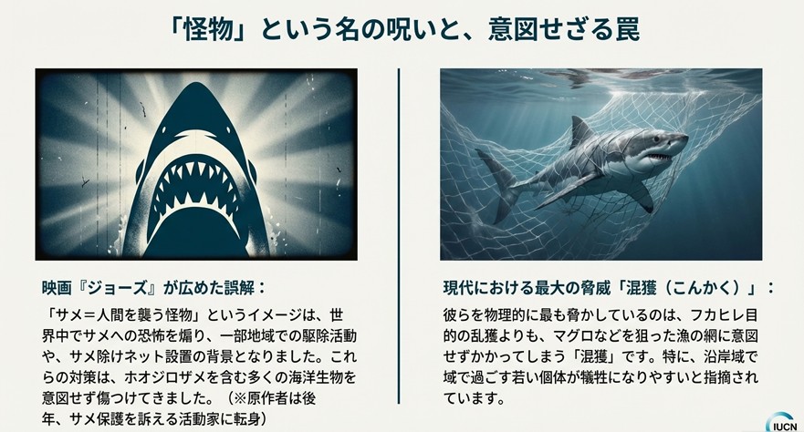 映画フィルム風のサメのイラストと網にかかるサメ。怪物としてのイメージによる駆除と、意図せざる混獲の罠について。