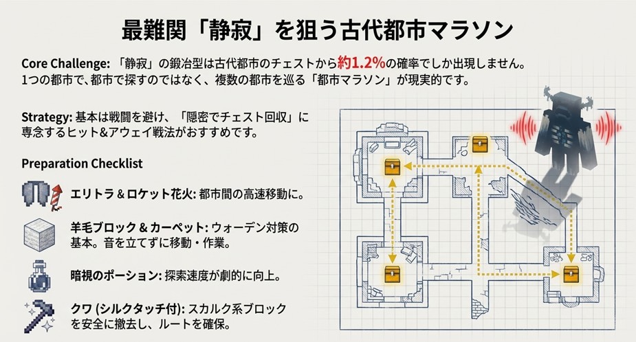 古代都市でウォーデンを避けながらチェストを回収するルートを示した図解。隠密行動とヒット＆アウェイ戦法のイメージ。