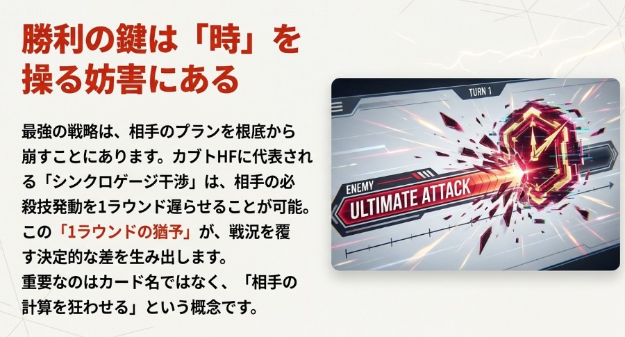 相手の必殺技発動を1ラウンド遅らせることで戦況を覆す、カブトHFのシンクロゲージ干渉戦術の解説図。