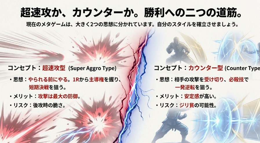 ガンバレジェンズの主要戦略である「超速攻型」と「カウンター型」のメリット・リスクを比較した解説スライド。