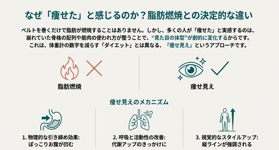脂肪燃焼（×）と痩せ見え（○）の比較イラスト。体重減少ではなく、骨格の配列が整うことで見た目が変化することを解説した図。