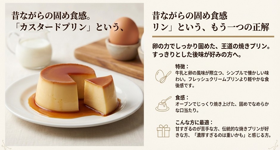 卵の力で固めた昔ながらの食感とシンプルな味わいが特徴のカスタードプリンの解説