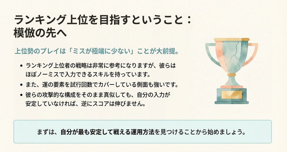 上位勢の模倣をする前に、自身の入力の安定性を高める必要があることを説くスライド