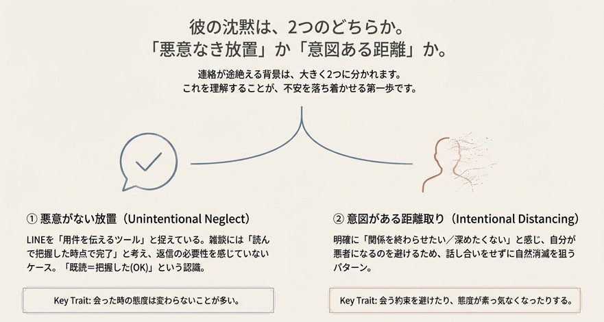 既読無視の背景にある「悪意なき放置」と「意図ある距離」の違いを解説した図解