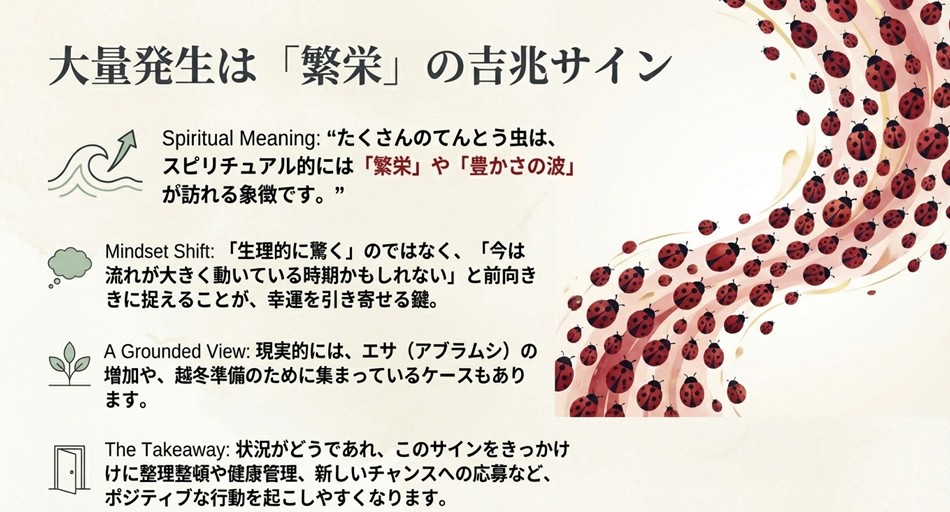 てんとう虫の大量発生は繁栄や豊かさの波が訪れる吉兆サインという解説