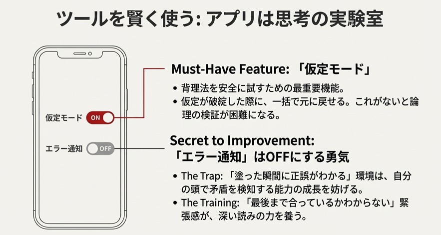 イラストロジックアプリの設定画面で、論理検証のための「仮定モード」をONにし、自力で解くために「エラー通知」をOFFにすることを推奨する図。