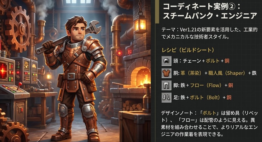 Ver1.21で追加された鍛冶型「ボルト」と「フロー」を使用し、銅と鉄を組み合わせてスチームパンクなエンジニア風に仕上げたコーディネート実例。