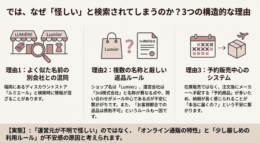 リュミエが怪しいと言われる理由（ディスカウントストアとの混同、返品ルールの厳しさ、予約販売システム）を解説したスライド