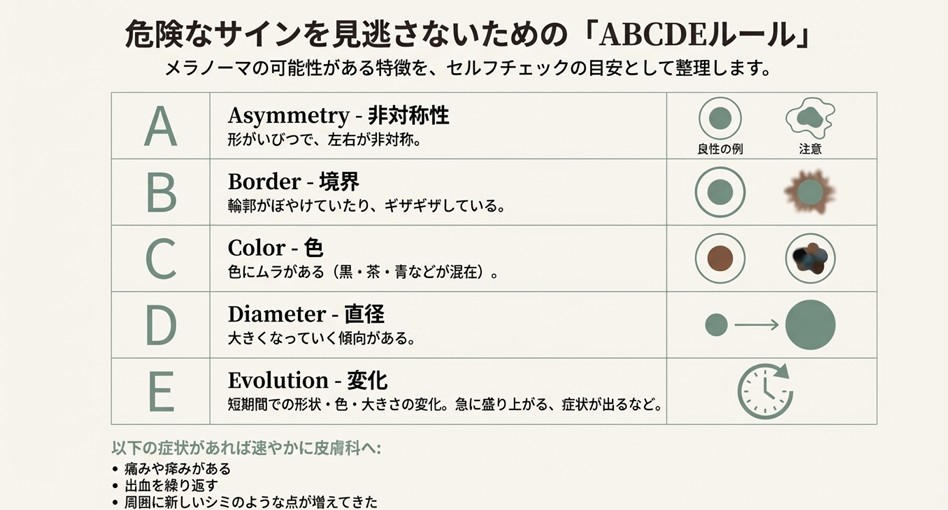 ほくろの非対称性、境界、色、直径、変化など、危険なサインをセルフチェックするための表