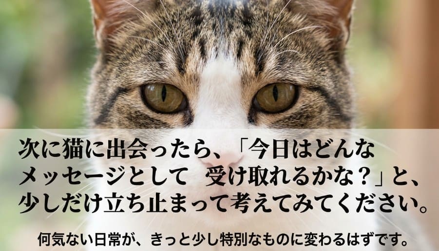 「次に猫に出会ったら、少しだけ立ち止まって考えてみてください」という結びのメッセージが書かれたシンプルなスライド。