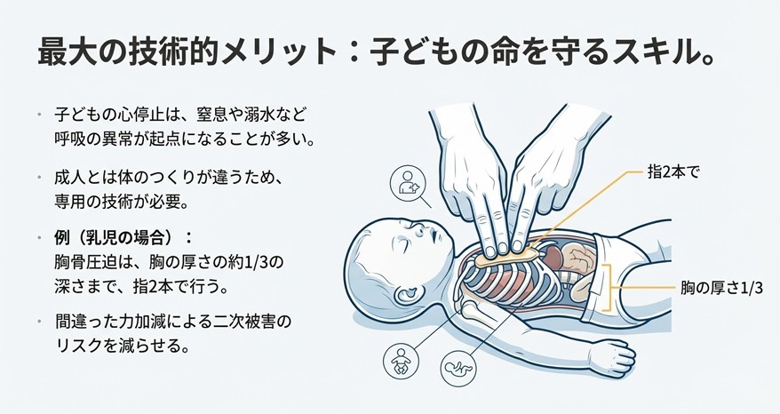 乳児への心肺蘇生法のイラスト。指2本を使って胸の厚さの3分の1まで圧迫する様子