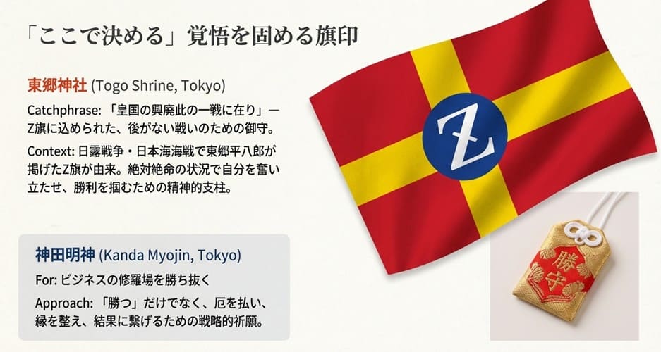 「皇国の興廃此の一戦に在り」というZ旗由来の東郷神社の勝守と、ビジネスの修羅場を勝ち抜き厄を払う神田明神の特徴をまとめたスライド。