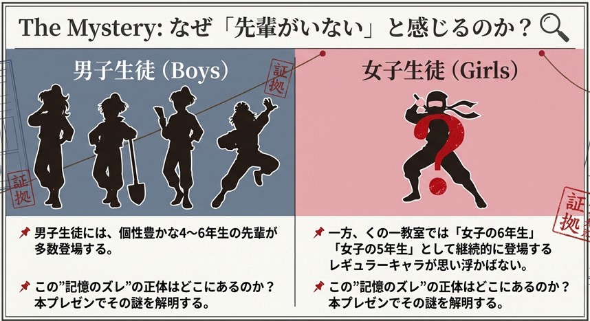 忍たま乱太郎の男子生徒（上級生シルエット）とくの一（疑問符）の対比図。男子には先輩がいるのに、女子生徒には上級生がいないと感じる疑問を視覚化したスライド。