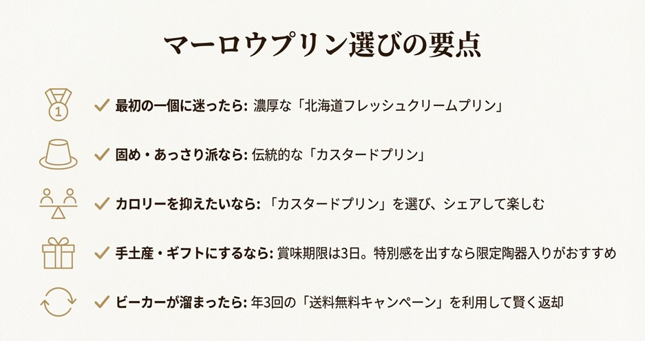 迷った時の選び方やカロリー対策、ビーカー返却など、マーロウプリンを楽しむための要点まとめリスト
