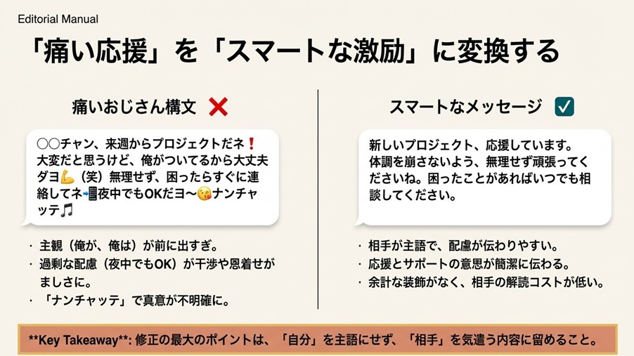 独りよがりな痛いおじさん構文と、相手を気遣うスマートなメッセージの比較修正案