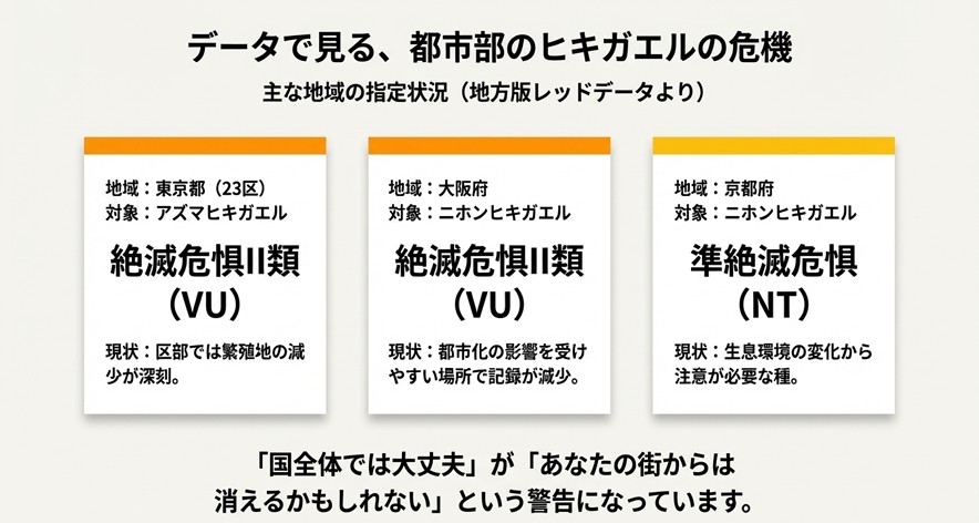 東京都23区や大阪府などで絶滅危惧II類(VU)などに指定されている詳細なデータをまとめたスライド。