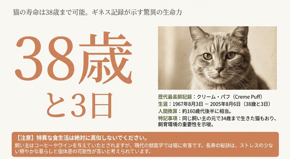 38歳と3日まで生きた世界記録保持猫クリーム・パフの写真と、1967年から2005年までの生涯記録詳細。