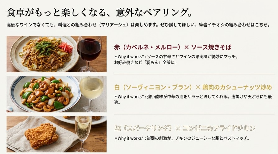 赤ワインと焼きそば、白ワインと鶏肉のカシューナッツ炒めなどの料理の実写組み合わせ例