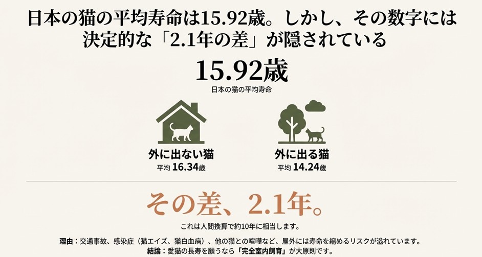 ペットフード協会の調査データに基づく日本の猫の平均寿命。外に出ない猫と出る猫の寿命には2.1年の差があることを示す比較イラスト。