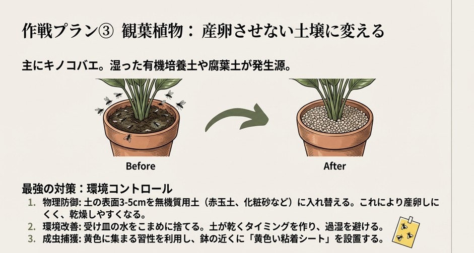 観葉植物に湧くキノコバエ対策として、表面の土を無機質に入れ替える方法と乾燥管理のポイント