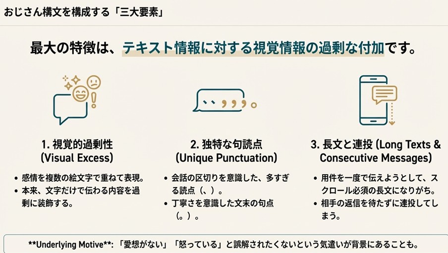 おじさん構文を構成する視覚的過剰性・独特な句読点・長文と連投という3つの特徴の解説図