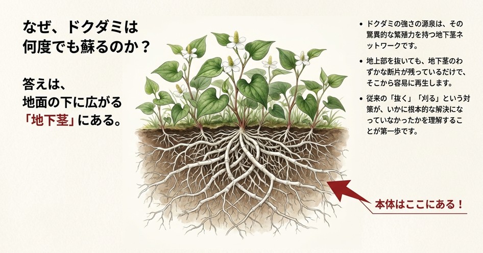 ドクダミ除草剤の選び方図解。茎葉処理剤(攻撃)、土壌処理剤(防御)、ハイブリッド剤(速攻と持続)の役割と代表的な製品(ラウンドアップ、カソロン、ネコソギなど)の分類。