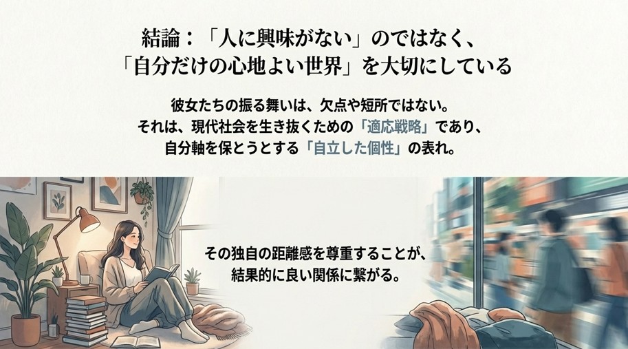 部屋でリラックスして読書をする女性のイラスト。「人に興味がない」のではなく「自分だけの心地よい世界」を大切にしているという結論スライド。