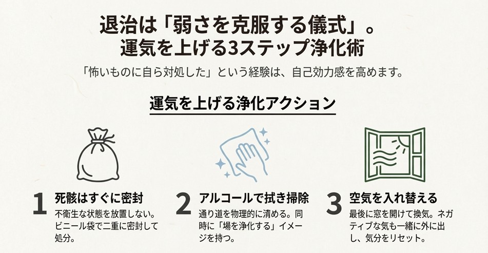 ゴキブリ退治後の死骸の処理、アルコール掃除、換気の手順を示した運気アップの浄化マニュアル