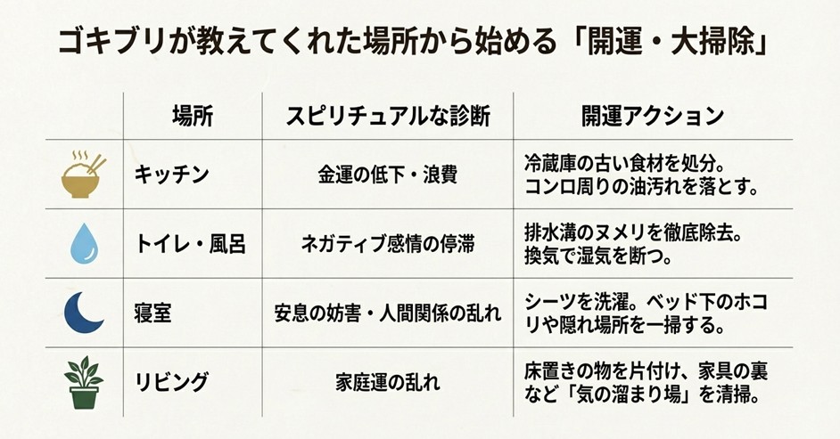 キッチン、トイレ、寝室、リビングの場所別スピリチュアル診断と開運アクションの一覧表