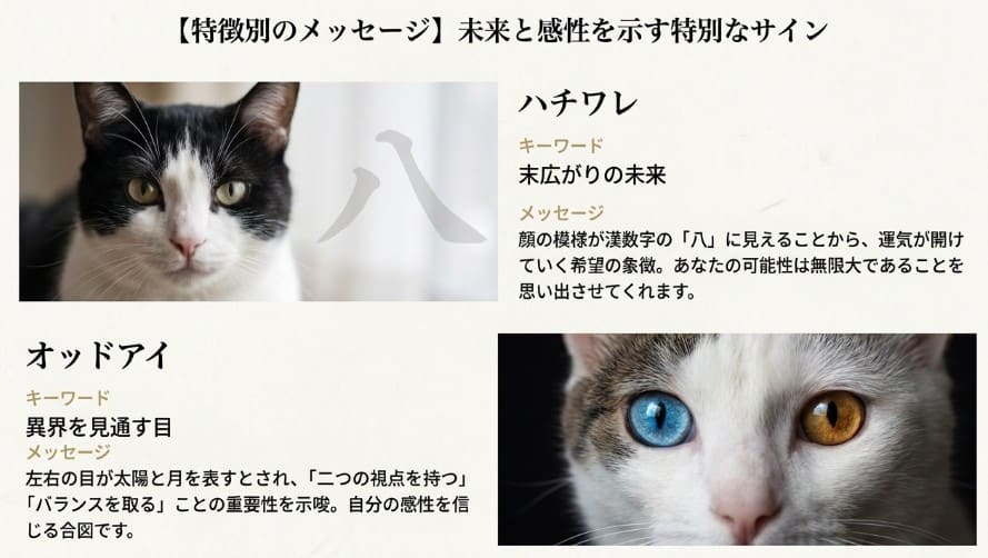 ハチワレ猫の顔とオッドアイ(金目銀目)の猫のアップ写真。ハチワレは「末広がりの未来」、オッドアイは「異界を見通す目」という解説文。