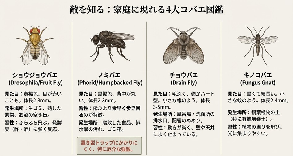 ショウジョウバエ、ノミバエ、チョウバエ、キノコバエの見た目・発生場所・習性の特徴一覧