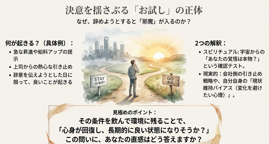 STAY（条件）とGO（直感）の分岐点を示す図。引き止めや好条件の提示を「宇宙からの覚悟のテスト」または「現状維持バイアス」として解説し、見極めのポイントを示したスライド。