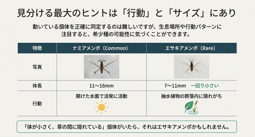 アメンボの体長や「草の間に隠れる」といった行動パターンの違いを表で比較し、希少種を見分けるヒントを記したスライド
