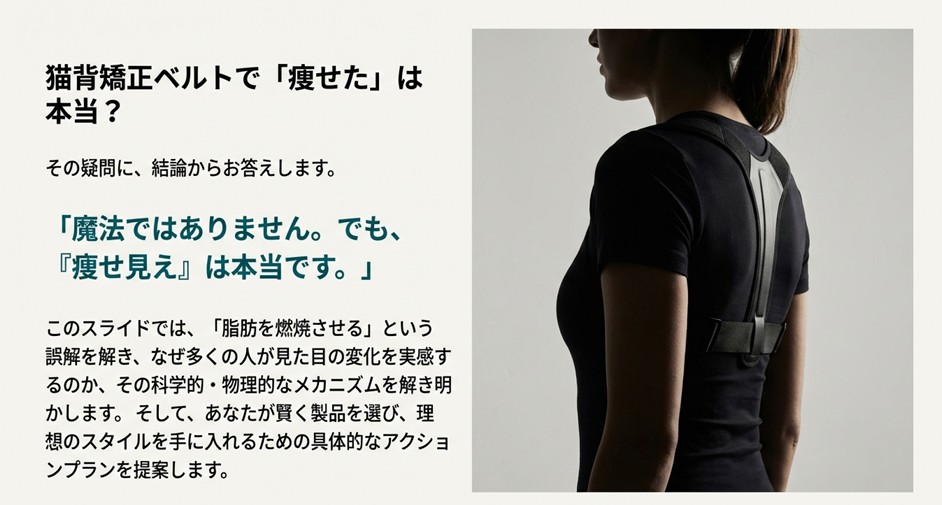 猫背矯正ベルトを着用した女性の後ろ姿。「猫背矯正ベルトで痩せたは本当？」という問いかけのタイトルスライド。