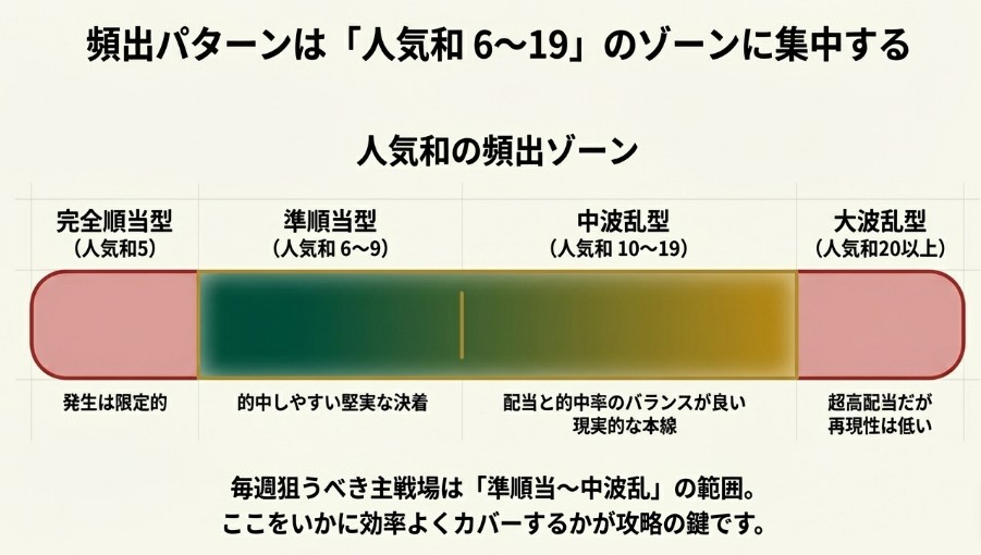 完全順当型、準順当型、中波乱型、大波乱型の4つのゾーンを表にまとめ、狙うべきは準順当~中波乱型であることを示したスライド。