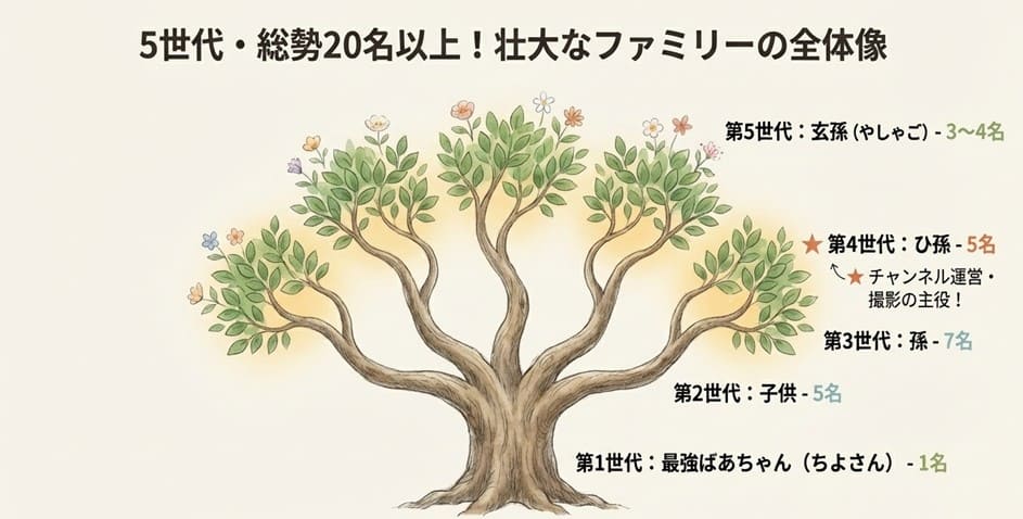 最強ばあちゃんを中心とした第1世代から第5世代(玄孫)までの家系図ツリーのイラスト