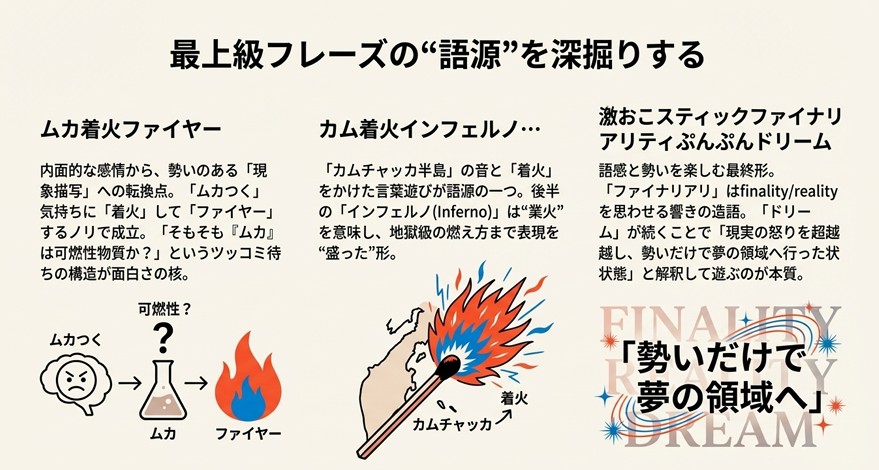 「ムカつく」＋「着火」＝「ファイヤー」という化学反応や、「カムチャッカ半島」と「着火」をかけた言葉遊びのイラスト解説。Lv.6の夢の領域への到達イメージ。