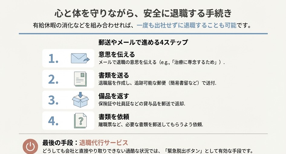 心と体を守りながら安全に退職するための手続き解説。メールでの意思表示、退職届の郵送、貸与品の返却、必要書類の依頼という4つのステップと、退職代行の活用について記載。