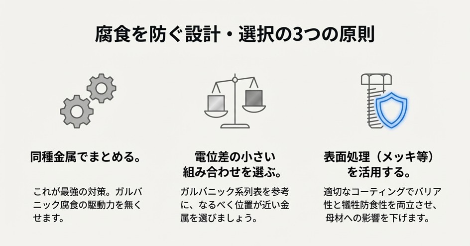 同種金属の使用、電位差の考慮、表面処理の活用を表すアイコンと解説図。