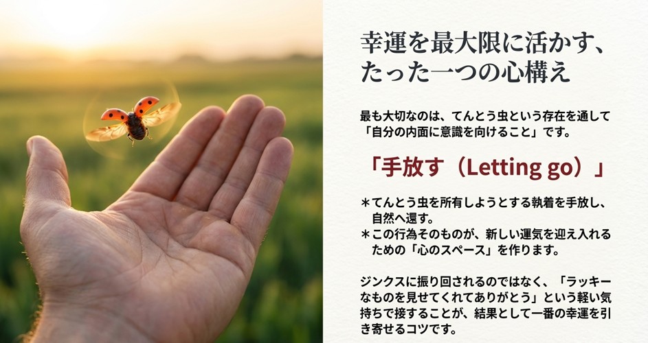 てんとう虫への執着を手放し、感謝して自然へ還すことが幸運を活かす最大のコツ