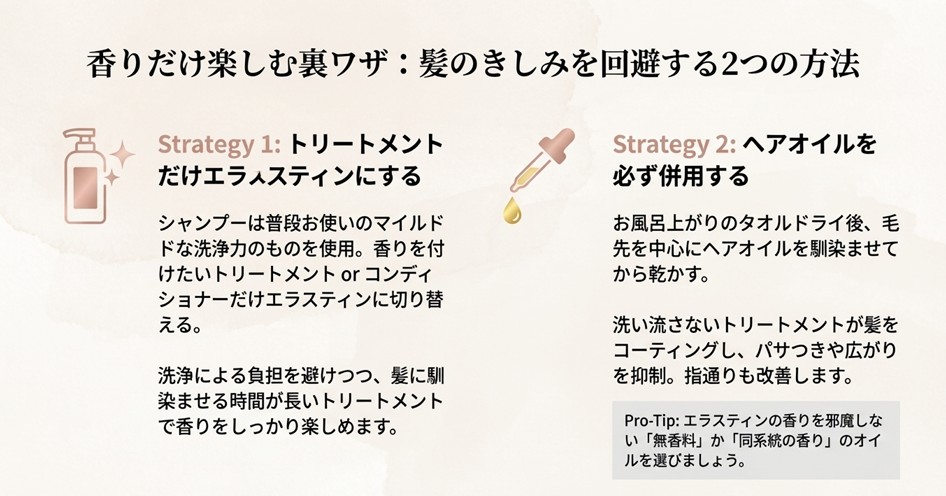 シャンプーのきしみを回避するための対策法。トリートメントのみエラスティンに変える方法と、ヘアオイルを併用する方法の解説
