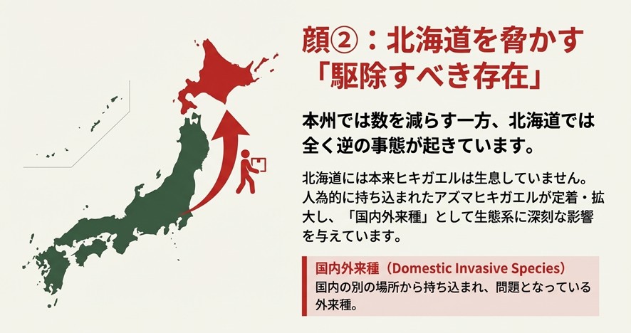 本州から北海道へ人為的に持ち込まれたアズマヒキガエルが、国内外来種として生態系を脅かしていることを示す地図イラスト。