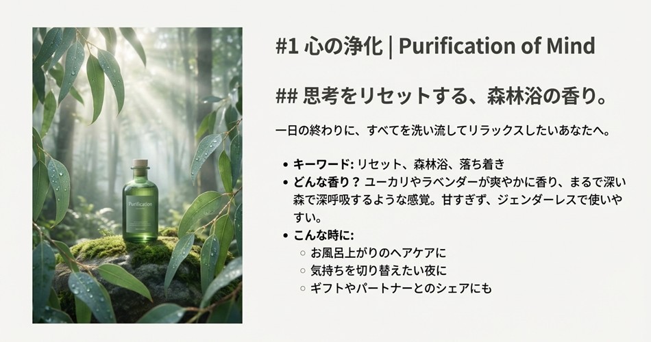 森の中に置かれた緑色のボトル「Purification of Mind」。キーワードは「リセット」「森林浴」。ユーカリやラベンダーの爽やかな香りをイメージさせる画像。