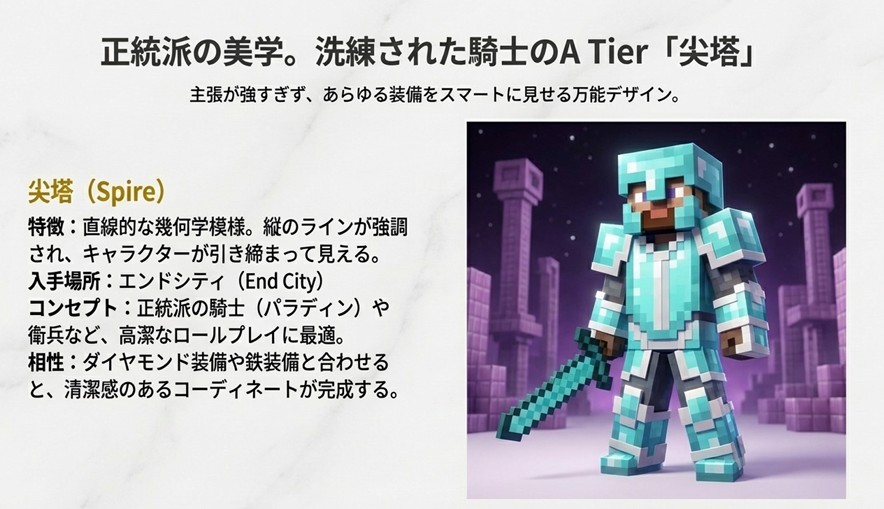 ダイヤモンド装備に「尖塔（Spire）」の鍛冶型を組み合わせた、正統派の騎士（パラディン）風のかっこいいコーディネート画像。