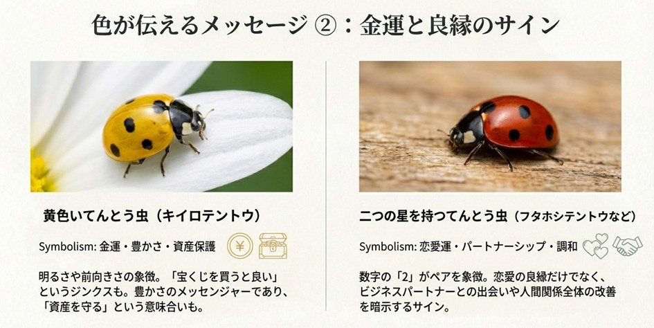 黄色いてんとう虫は金運と豊かさ、二つの星を持つてんとう虫は良縁やパートナーシップのサイン